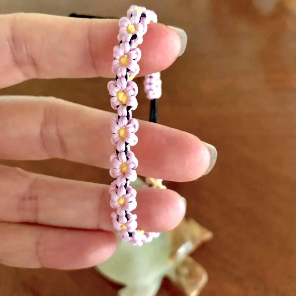 Handmade Peach Blossom Pink Floral Chinese Adjustable Bracelet Black Gift Asian
